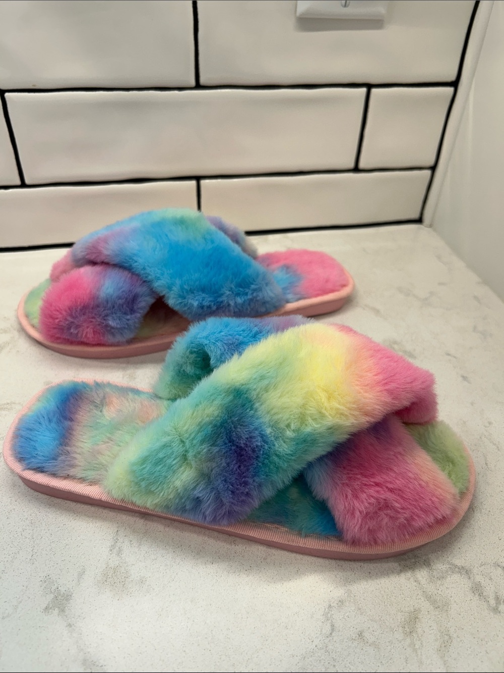 Rainbow Fuzzy Crossband Fluffy Colorful Slippers Y2K Slip On Size‎ 9
